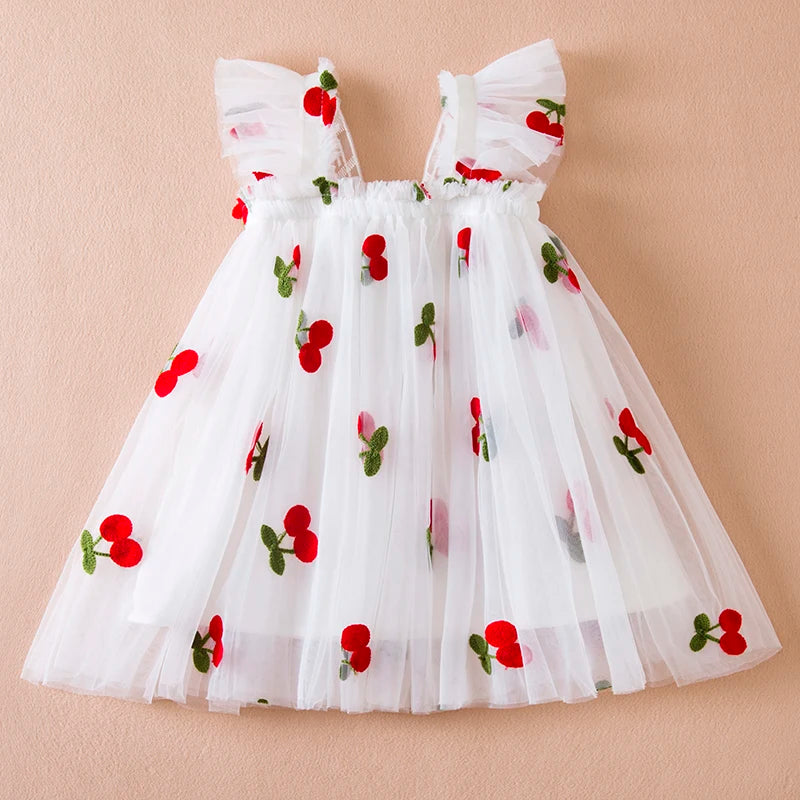 Verão novo vestido de manga voadora para meninas crianças arco morango bordado malha vestido de princesa vestido de bebê menina para 1-5 anos