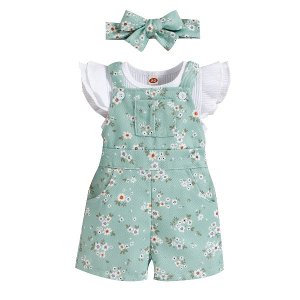 Jardineira Infantil Feminino Floral 3 peças - Ama Mamma