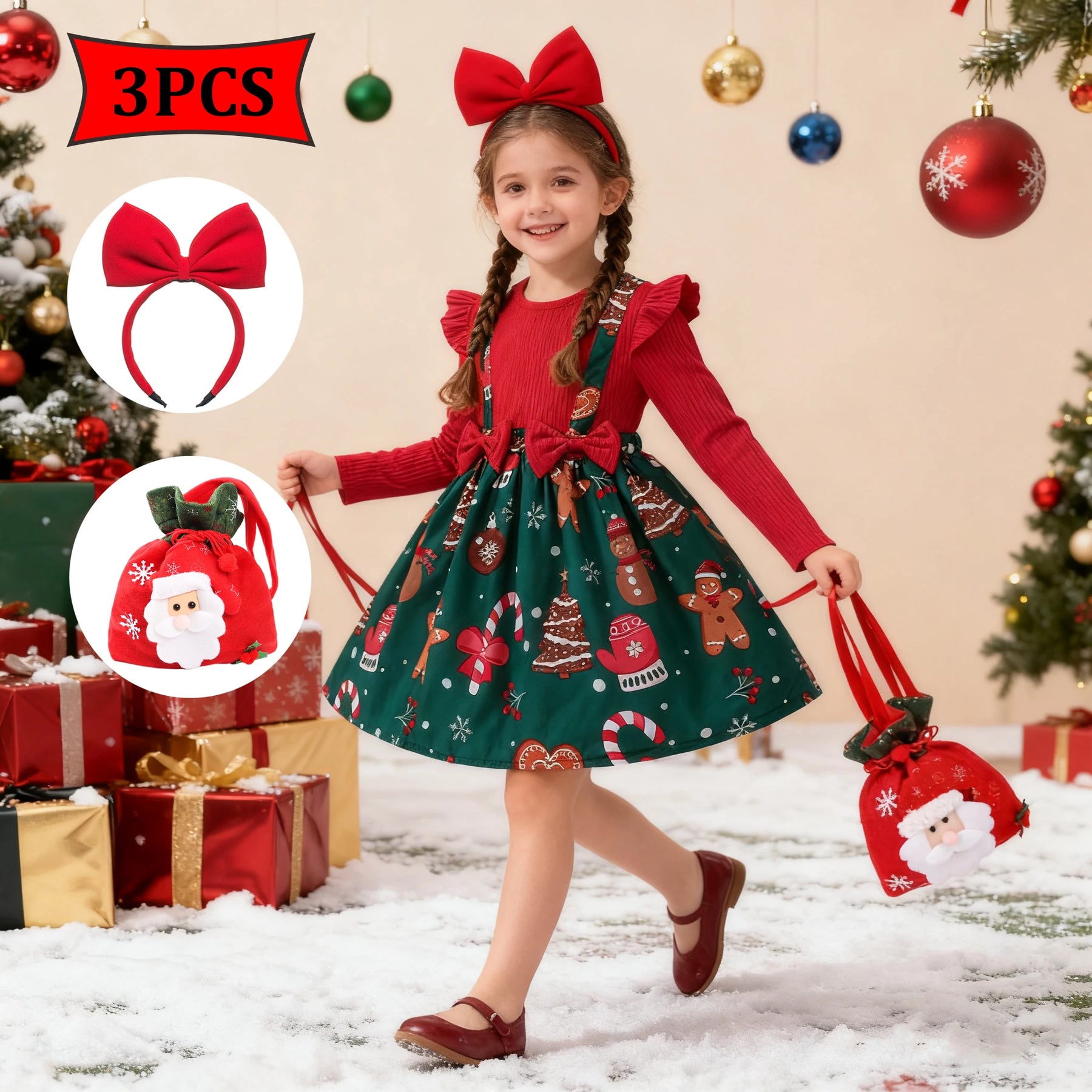 2026 vestido de ano novo para meninas do bebê outono manga longa vestido de princesa crianças vermelho retalhos presente de natal veados impressão vestidos de natal