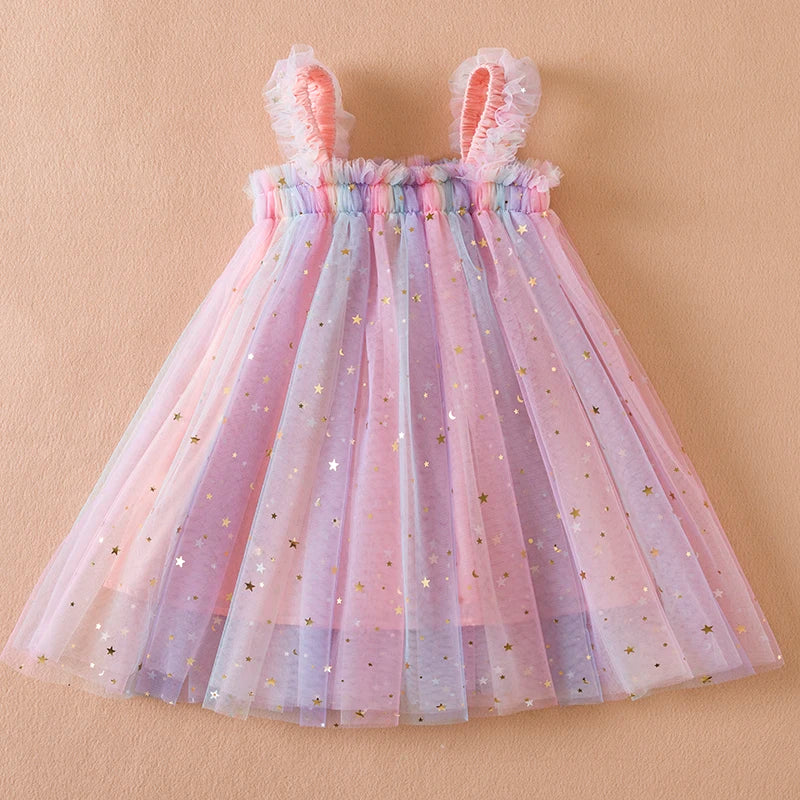 Verão novo vestido de manga voadora para meninas crianças arco morango bordado malha vestido de princesa vestido de bebê menina para 1-5 anos
