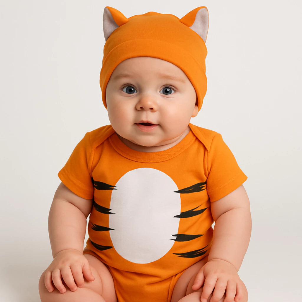 Body Bebê Mesversário com Touca 100% Algodão – Kit 2 Peças Temático Tigrão