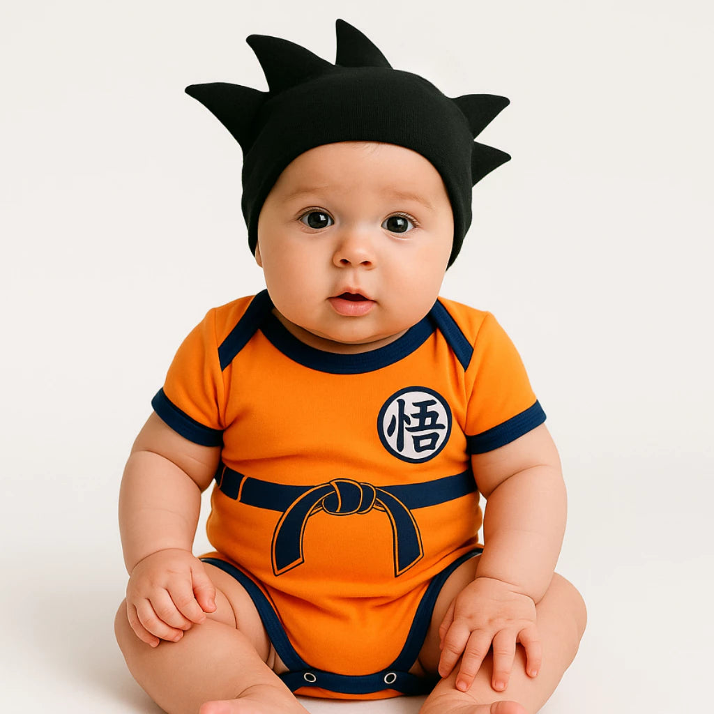 Body Bebê Mesversário com Touca 100% Algodão – Kit 2 Peças Temático Goku