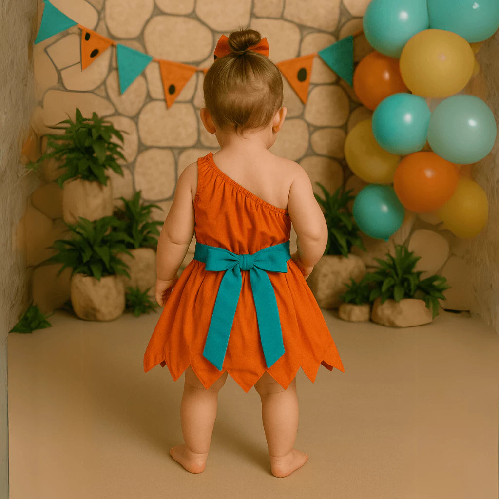 Jardineira Bebê Mesversário 100% Algodão – Fantasia Temática Pedrita com Cinto Ossinho