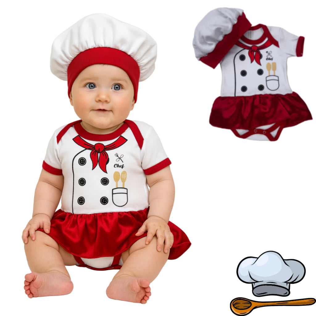 Body Bebê Mesversário com Touca 100% Algodão – Kit 2 Peças Temático Chefe de Cozinha