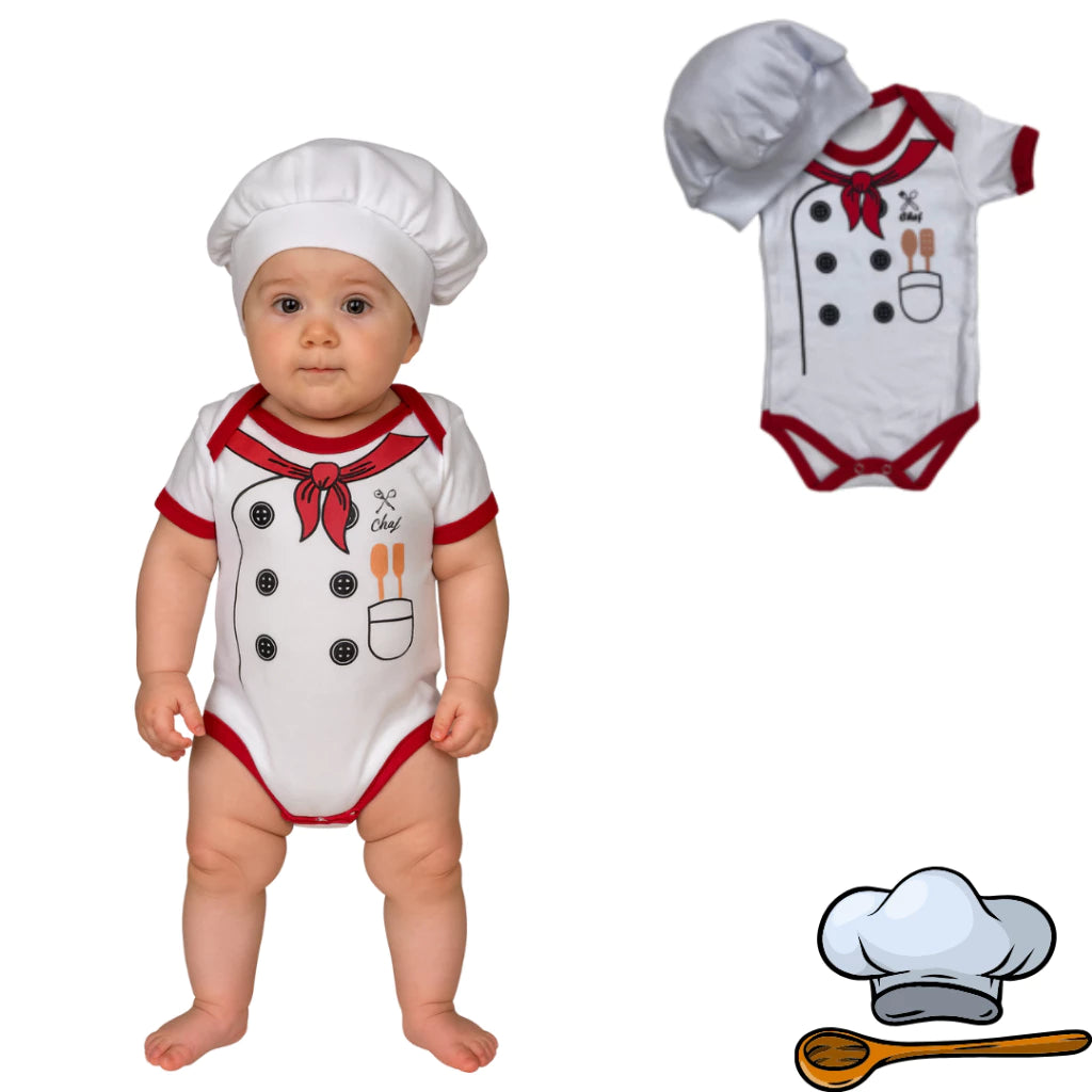 Body Bebê Mesversário com Touca 100% Algodão – Kit 2 Peças Temático Chefe de Cozinha