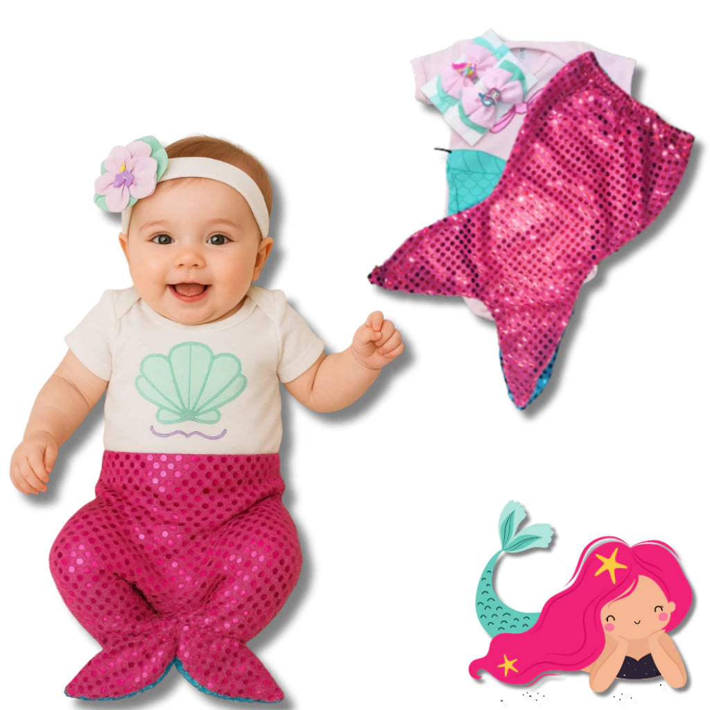 Body Bebê Mesversário com Calda e Laço 100% Algodão – Kit 3 Peças Temático Sereia