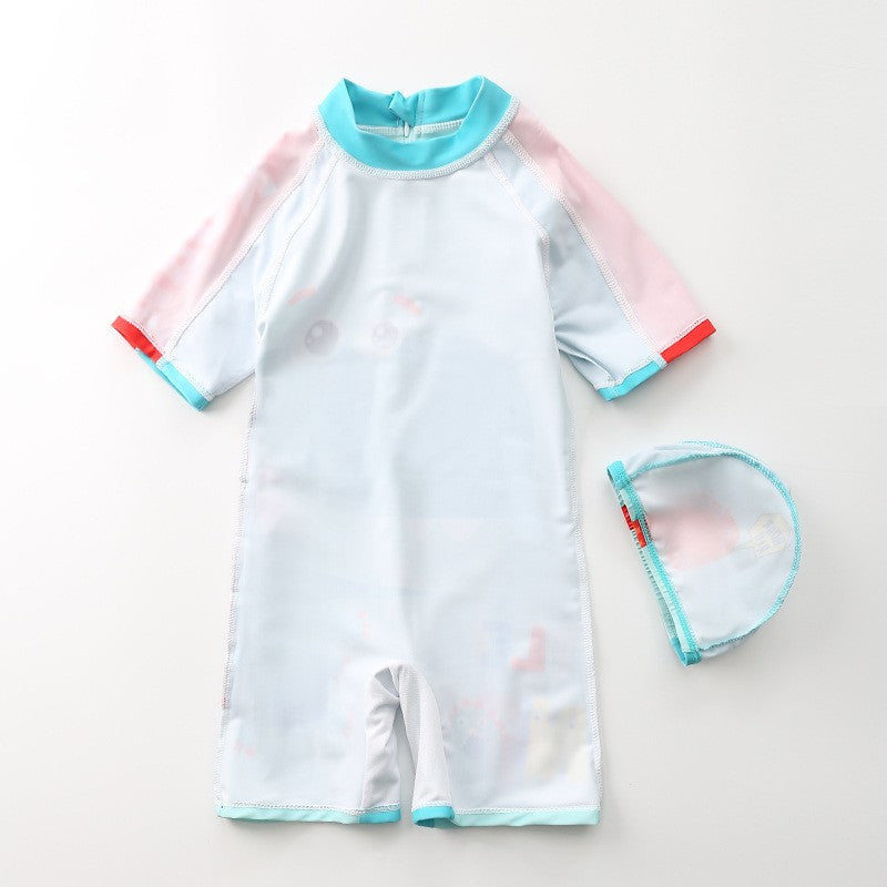 Macaquinho de Praia Infantil Manga Curta Dino Azul Claro - Ama Mamma