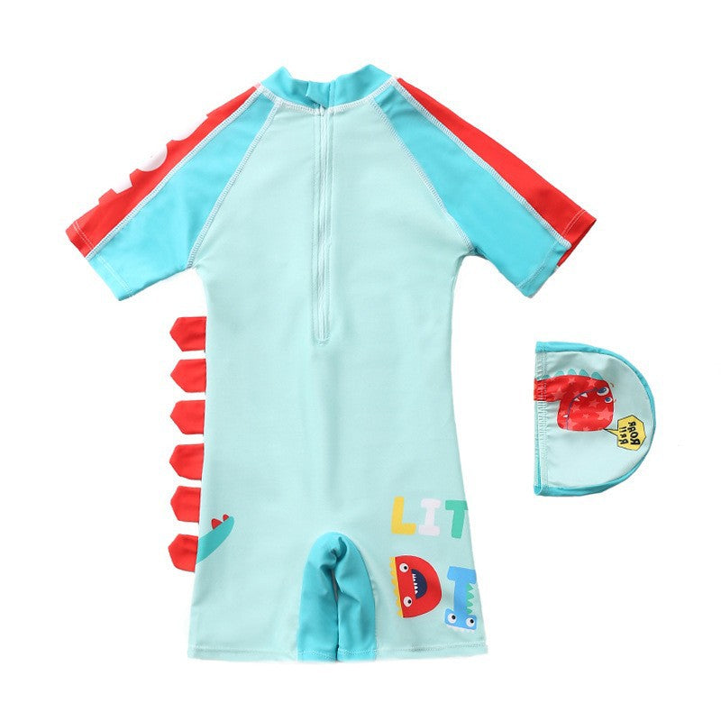 Macaquinho de Praia Infantil Manga Curta Dino Azul Claro - Ama Mamma