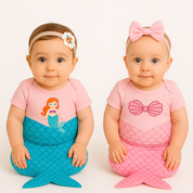 Body Bebê Mesversário com Calda e Laço 100% Algodão – Kit 3 Peças Temático Sereia