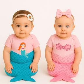 Body Bebê Mesversário com Calda e Laço 100% Algodão – Kit 3 Peças Temático Sereia