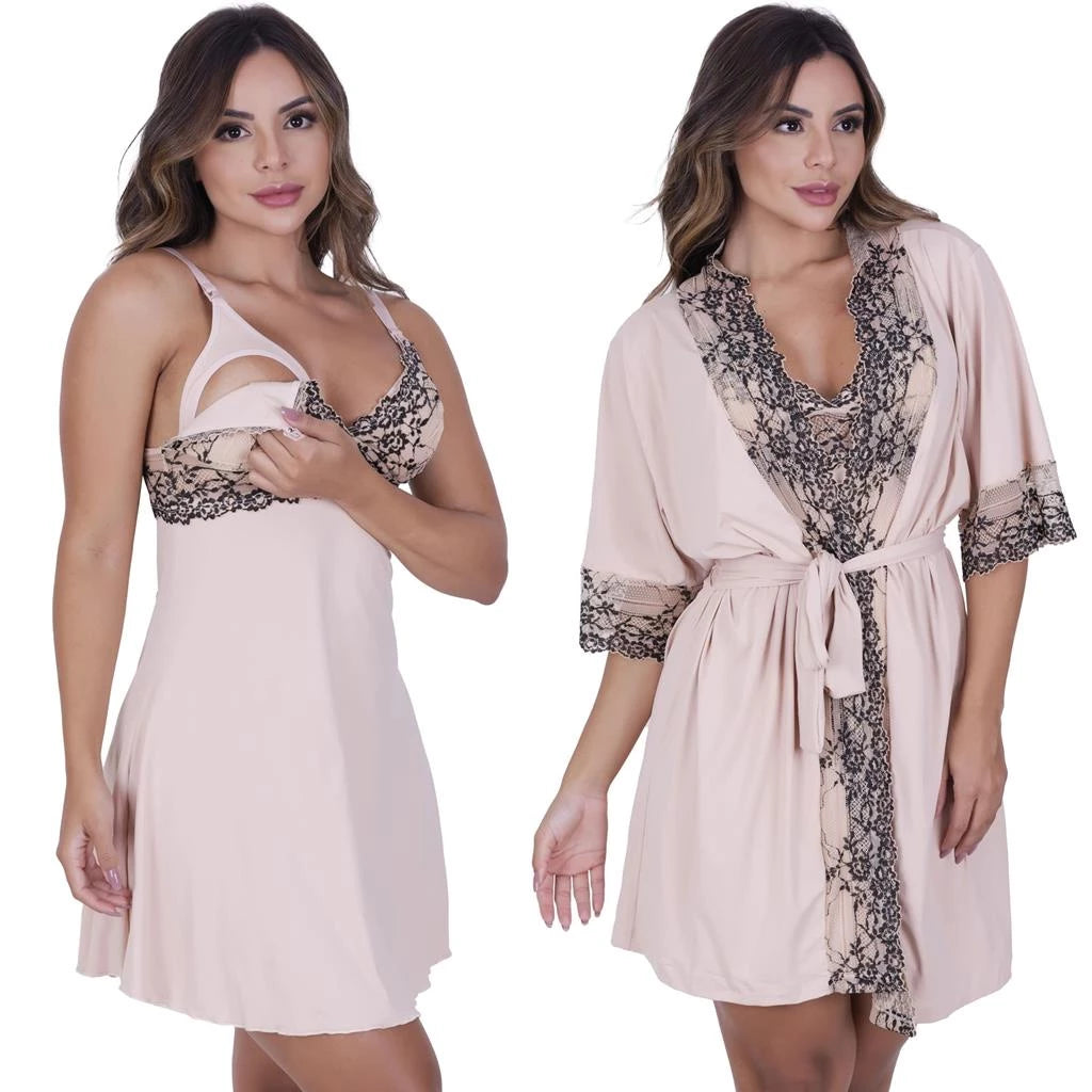 Kit Pós-parto Aurora Duo - Robe e Camisola de Amamentação em Microfibra Light - Ama Mamma