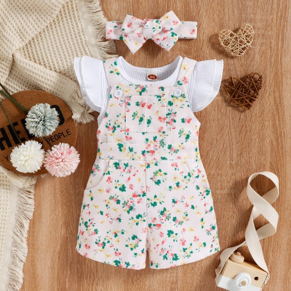 Jardineira Infantil Feminino Floral 3 peças - Ama Mamma