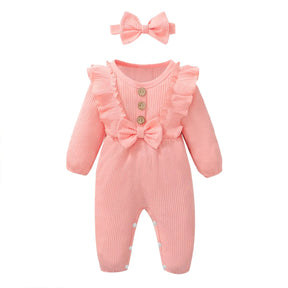 Bebê recém-nascido menina macacão de manga comprida plissado bodysuit com bandana outono & inverno macacão roupa para bebê 0-18 meses
