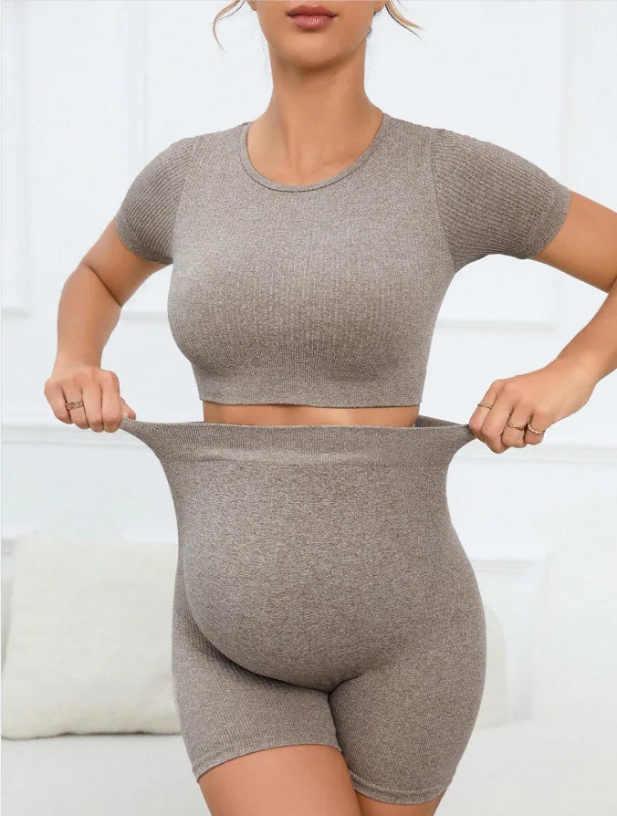 Feminino maternidade 2 peças sem costura manga curta colheita superior legging define treino casual