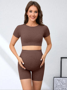 Feminino maternidade 2 peças sem costura manga curta colheita superior legging define treino casual