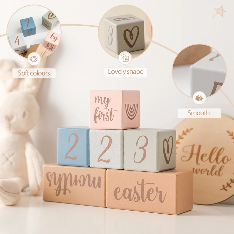 Madeira Mês Milestone Digit Record Card, Newborn Birthday Gift, Baby Photo Souvenir, Fotografia Acessórios com Caixa, 7pcs por conjunto