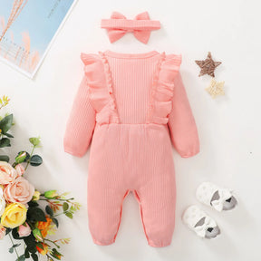 Bebê recém-nascido menina macacão de manga comprida plissado bodysuit com bandana outono & inverno macacão roupa para bebê 0-18 meses