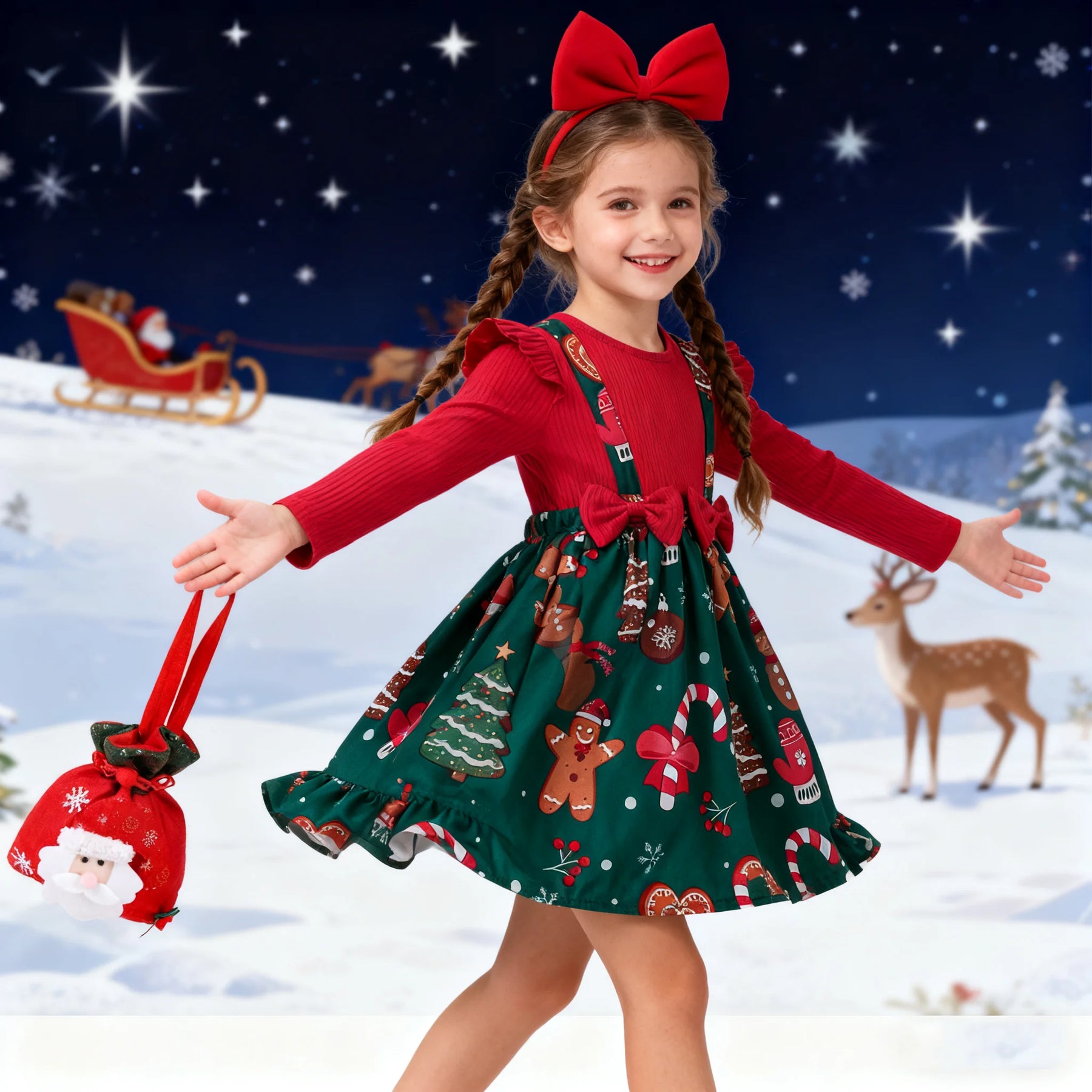2026 vestido de ano novo para meninas do bebê outono manga longa vestido de princesa crianças vermelho retalhos presente de natal veados impressão vestidos de natal
