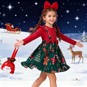 2026 vestido de ano novo para meninas do bebê outono manga longa vestido de princesa crianças vermelho retalhos presente de natal veados impressão vestidos de natal
