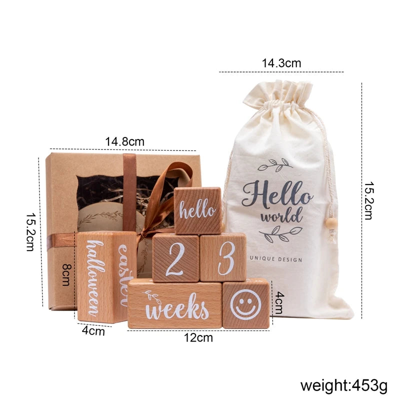 Madeira Mês Milestone Digit Record Card, Newborn Birthday Gift, Baby Photo Souvenir, Fotografia Acessórios com Caixa, 7pcs por conjunto