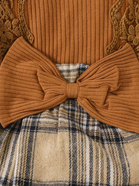 Bebê gilrs manga longa outono/inverno xadrez com arco mel macacão para recém-nascidos-18m férias wear + bandana