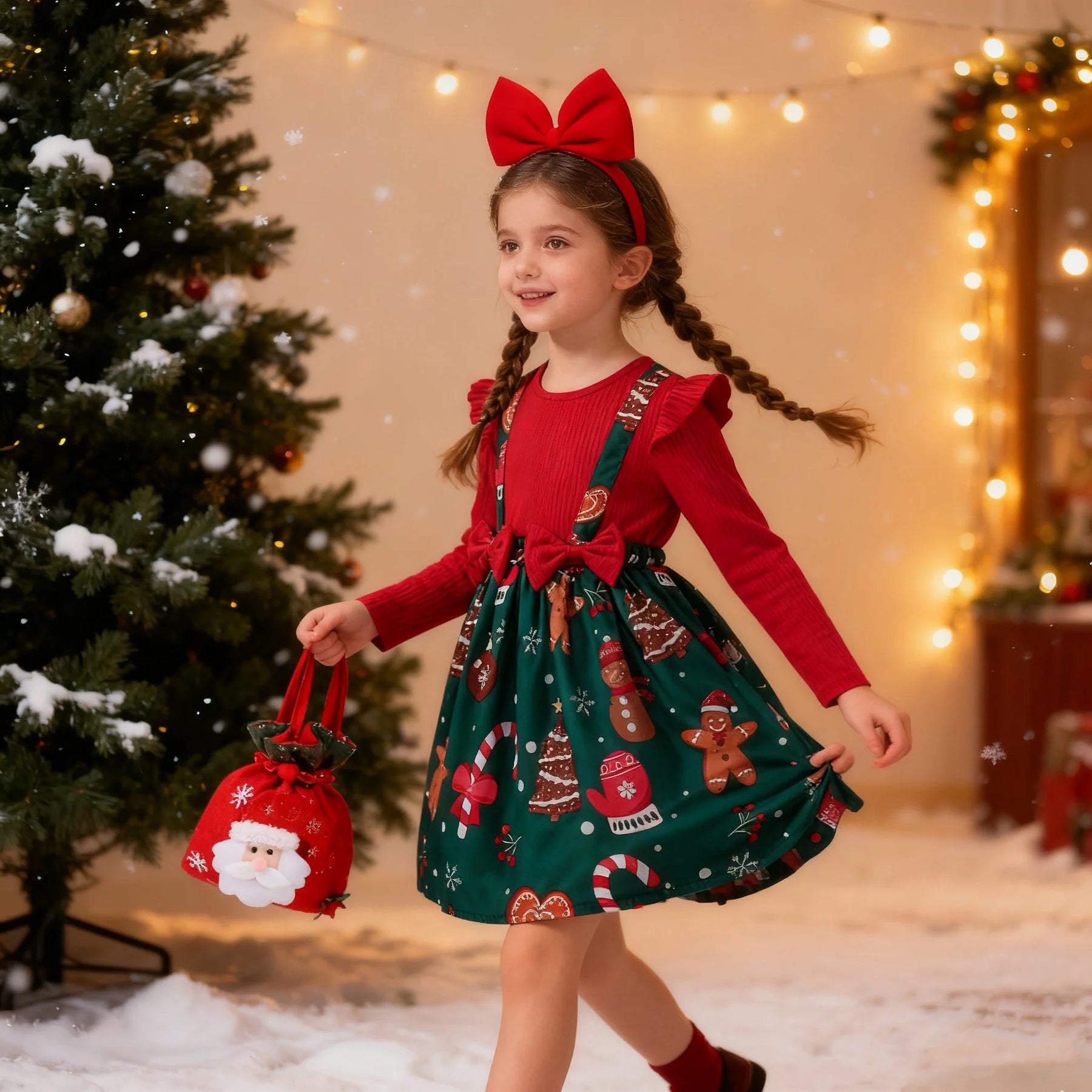 2026 vestido de ano novo para meninas do bebê outono manga longa vestido de princesa crianças vermelho retalhos presente de natal veados impressão vestidos de natal