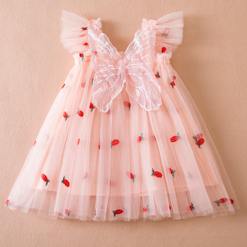 Verão novo vestido de manga voadora para meninas crianças arco morango bordado malha vestido de princesa vestido de bebê menina para 1-5 anos