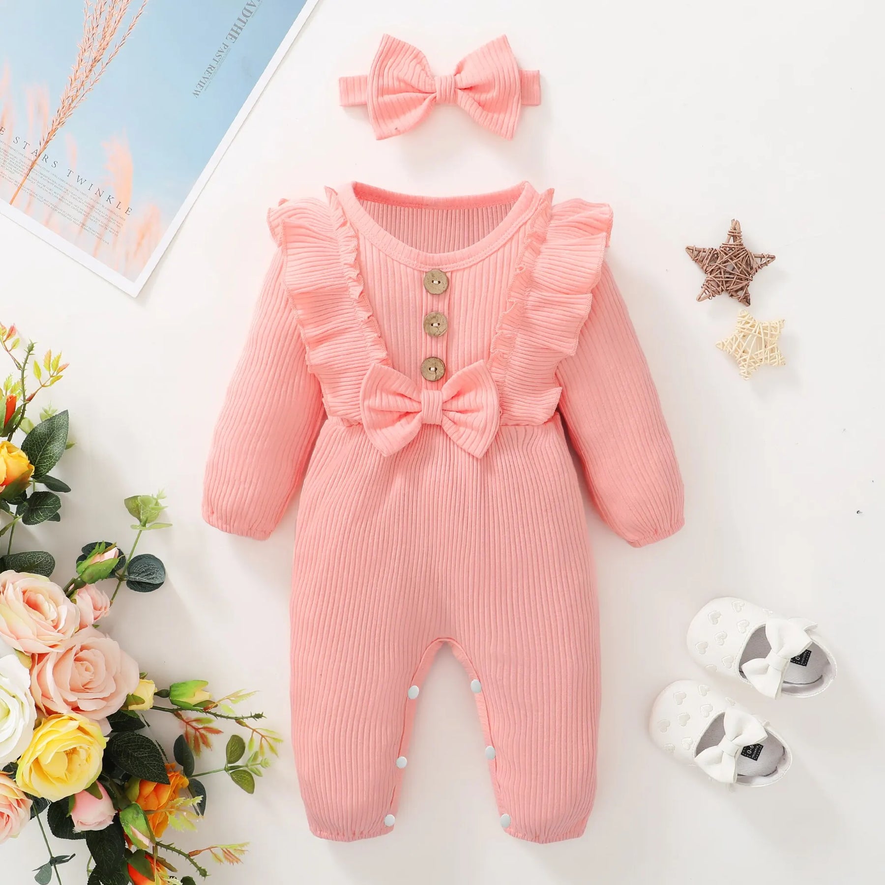 Bebê recém-nascido menina macacão de manga comprida plissado bodysuit com bandana outono & inverno macacão roupa para bebê 0-18 meses