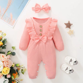 Bebê recém-nascido menina macacão de manga comprida plissado bodysuit com bandana outono & inverno macacão roupa para bebê 0-18 meses