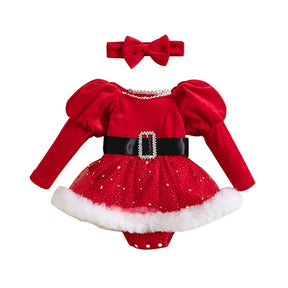 Baby Girls' manga comprida macacão com Headband, Toddler Bodysuits, roupas de Natal, patchwork, lantejoulas, estrelas, lua, saia, bainha