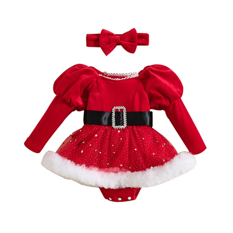 Baby Girls' manga comprida macacão com Headband, Toddler Bodysuits, roupas de Natal, patchwork, lantejoulas, estrelas, lua, saia, bainha