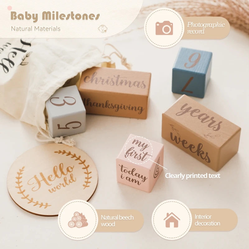 Madeira Mês Milestone Digit Record Card, Newborn Birthday Gift, Baby Photo Souvenir, Fotografia Acessórios com Caixa, 7pcs por conjunto