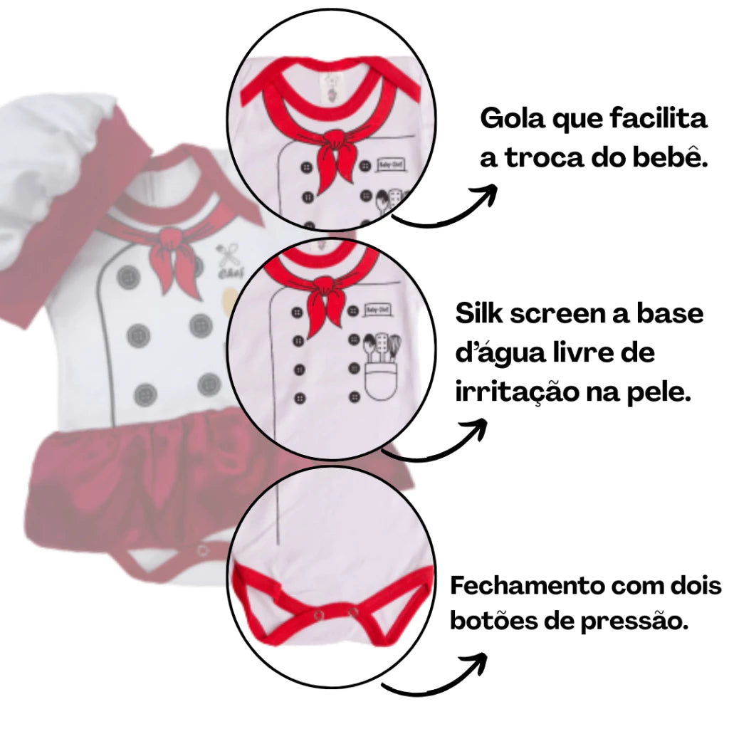 Body Bebê Mesversário com Touca 100% Algodão – Kit 2 Peças Temático Chefe de Cozinha