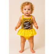 Body Bebê Mesversário com Tule e Laço 100% Algodão – Kit 3 Peças Temático Ouro da Mamãe