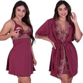 Kit Pós-parto Aurora Duo - Robe e Camisola de Amamentação em Microfibra Light - Ama Mamma