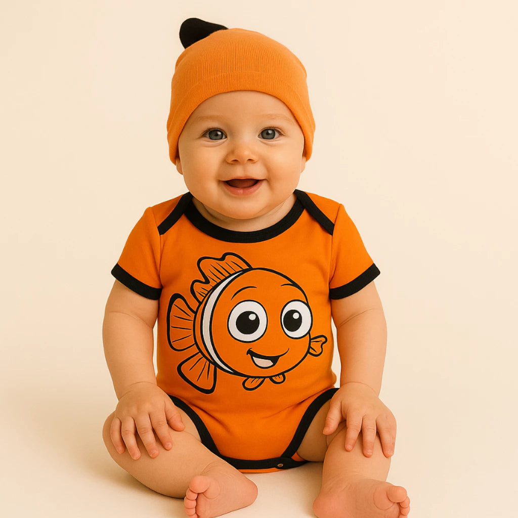 Body Bebê Mesversário com Touca 100% Algodão – Kit 2 Peças Temático Nemo