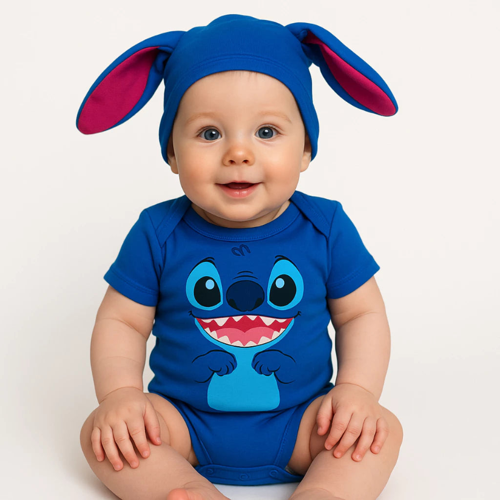 Body Bebê Mesversário com Touca 100% Algodão – Kit 2 Peças Temático Lilo