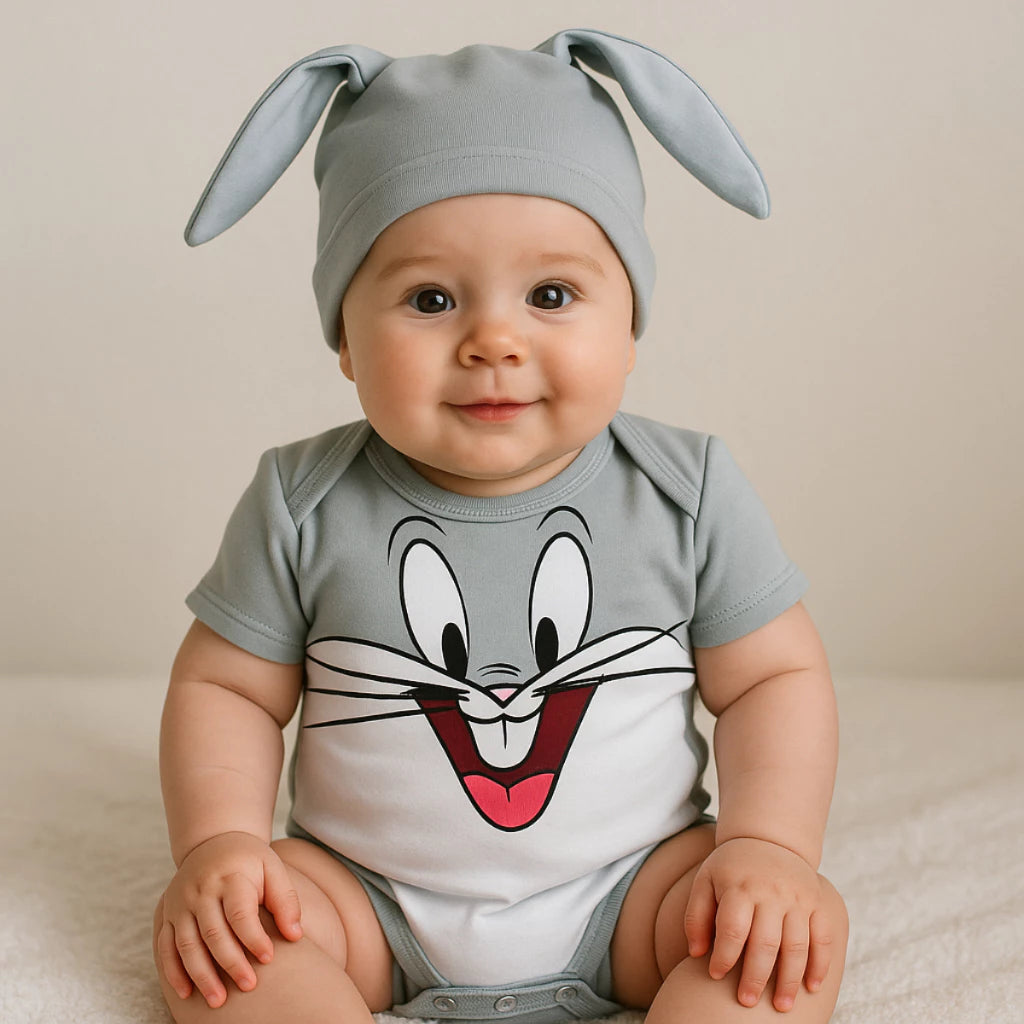 Body Bebê Mesversário com Touca 100% Algodão – Kit 2 Peças Temático Pernalonga