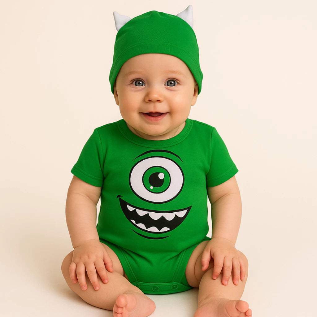 Body Bebê Mesversário com Touca 100% Algodão – Kit 2 Peças Temático Monstrinho