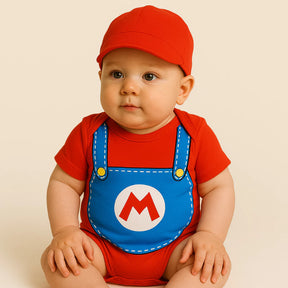 Body Bebê Mesversário com Boné 100% Algodão – Kit 2 Peças Temático Mario