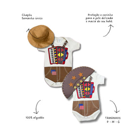 Body Bebê Mesversário com Chapéu 100% Algodão – Kit 2 Peças Temático Sanfoneiro
