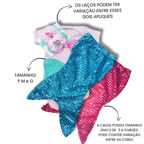 Body Bebê Mesversário com Calda e Laço 100% Algodão – Kit 3 Peças Temático Sereia