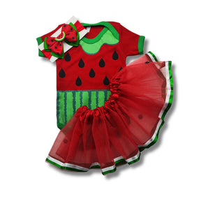 Body Bebê Mesversário com Tule e Laço ou Touca 100% Algodão – Kit 3 Peças Temático Melancia