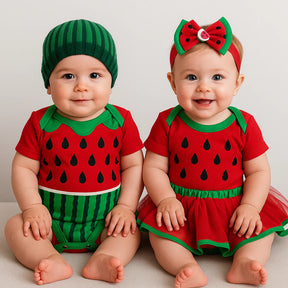 Body Bebê Mesversário com Tule e Laço ou Touca 100% Algodão – Kit 3 Peças Temático Melancia
