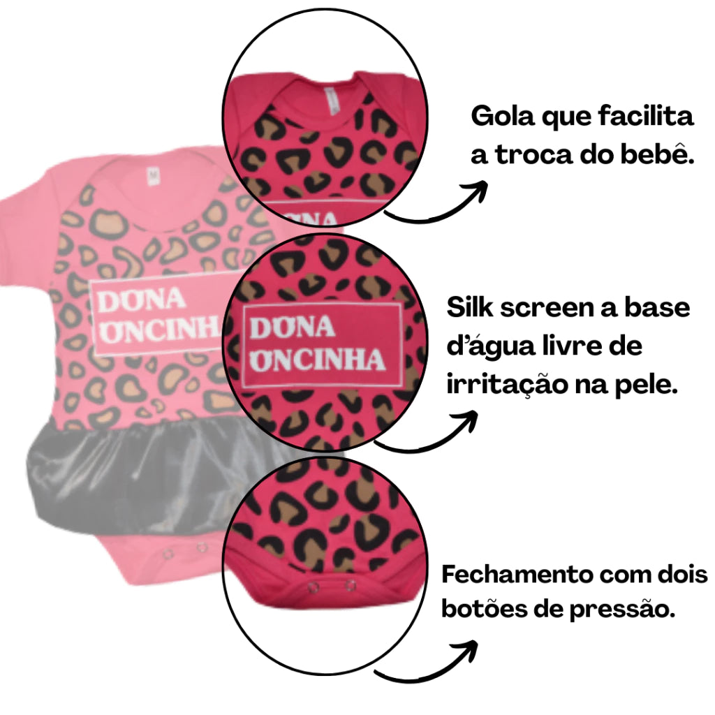 Body Bebê Mesversário com Tule e Laço 100% Algodão – Kit 3 Peças Temático Dona Oncinha