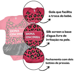 Body Bebê Mesversário com Tule e Laço 100% Algodão – Kit 3 Peças Temático Dona Oncinha