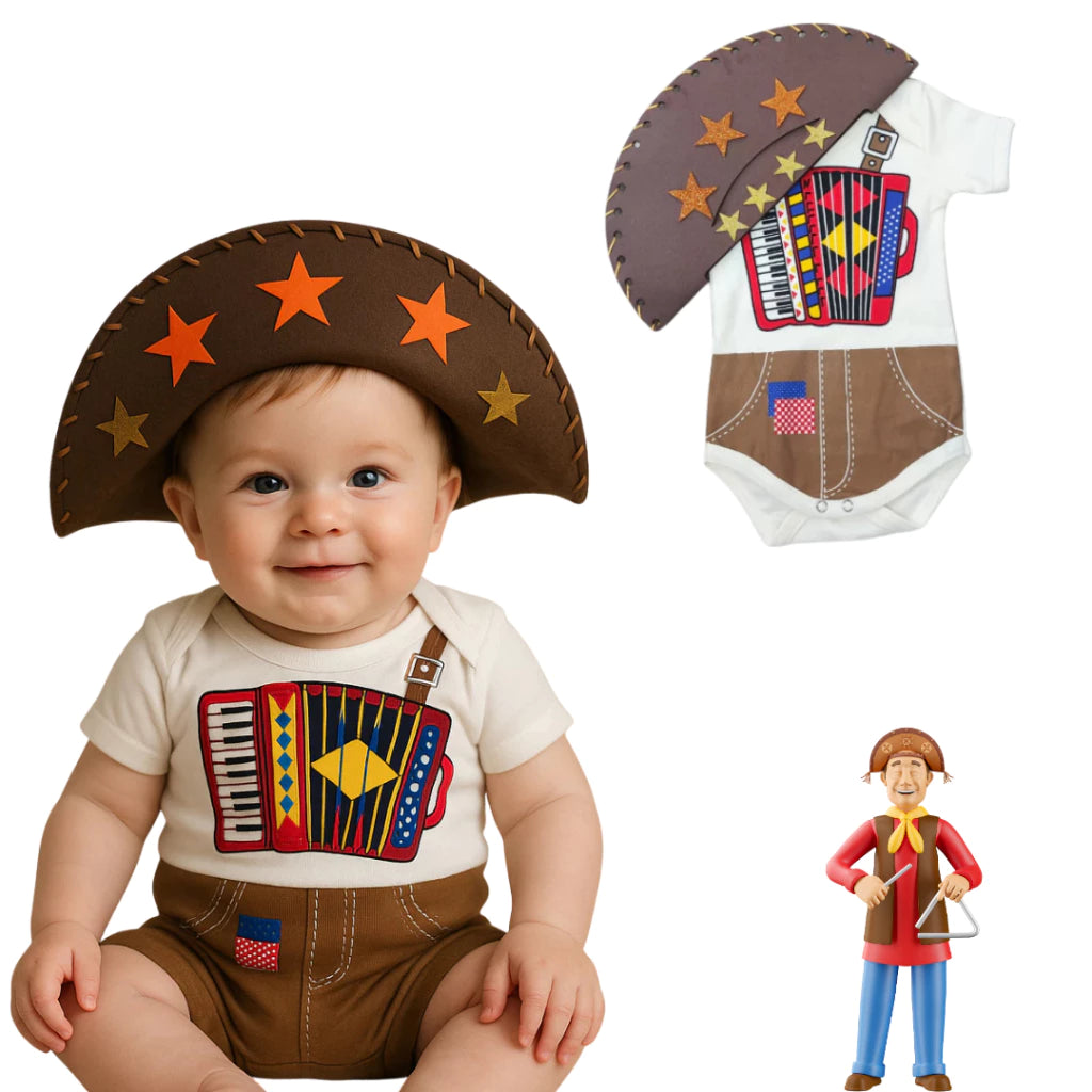 Body Bebê Mesversário com Chapéu 100% Algodão – Kit 2 Peças Temático Sanfoneiro