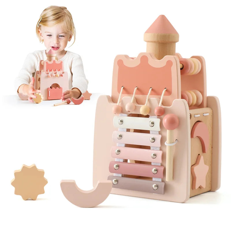 Montessori-Castelo de madeira para bebê, blocos rosa, quebra-cabeças, brinquedos multifuncionais, acessórios para educação infantil, presentes para bebês