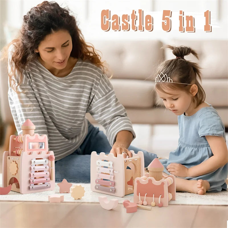Montessori-Castelo de madeira para bebê, blocos rosa, quebra-cabeças, brinquedos multifuncionais, acessórios para educação infantil, presentes para bebês