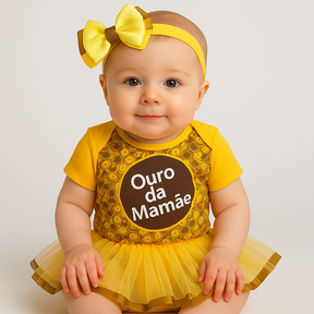 Body Bebê Mesversário com Tule e Laço 100% Algodão – Kit 3 Peças Temático Ouro da Mamãe